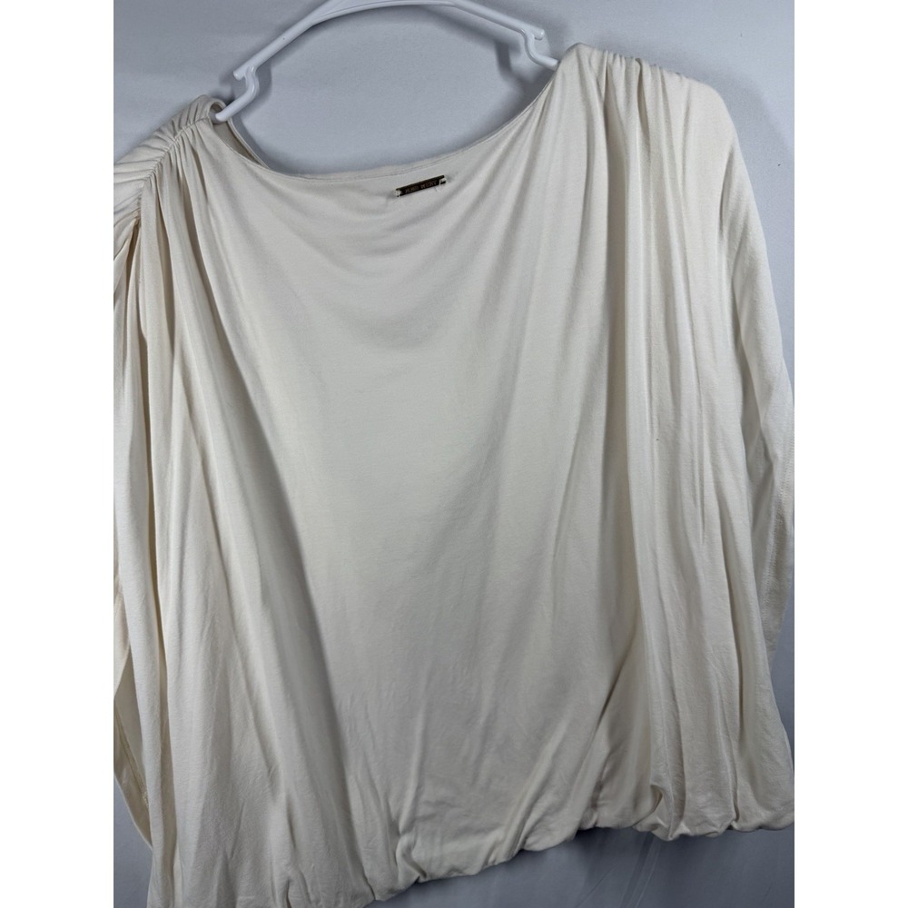Nine West Cream Drape Shoulder Blouse XL Ivory Ruched Bubble Hem Knit Top Boho